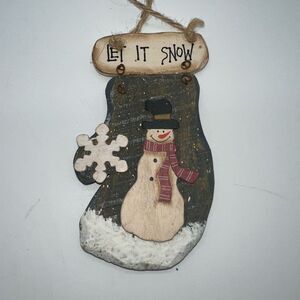 Rustic “Let it Snow” Handmade‎ Wooden Snowman Stocking Christmas Ornament